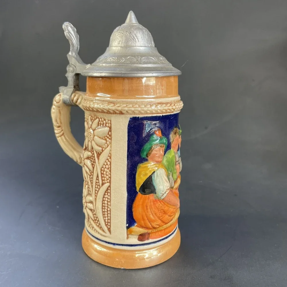 Small Vintage German Lidded Mini Beer‎ Stein Tavern Scene Floral